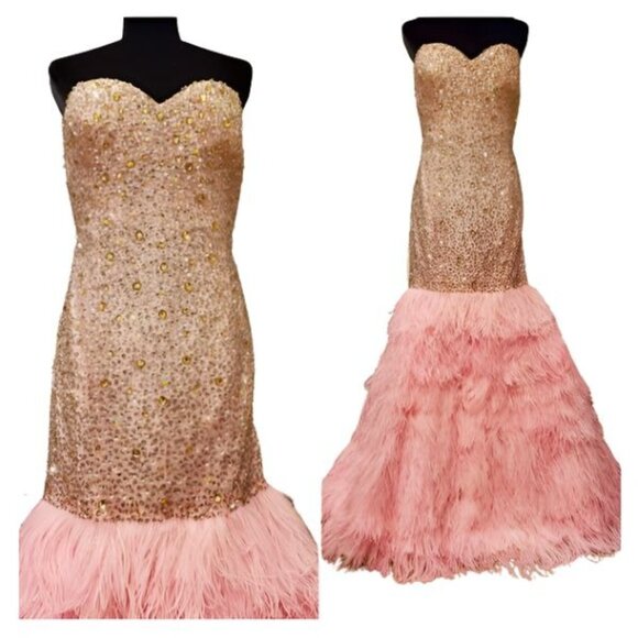 Evening Wedding Cocktail Runway Beaded Crystals Ostrich Feathers Couture Dress - Picture 8 of 16